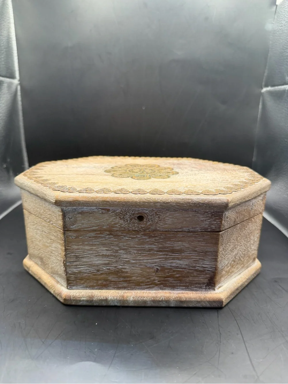 Vintage Hand Carved Wooden Octagon Keepsake Jewelry Box Rustic Decor